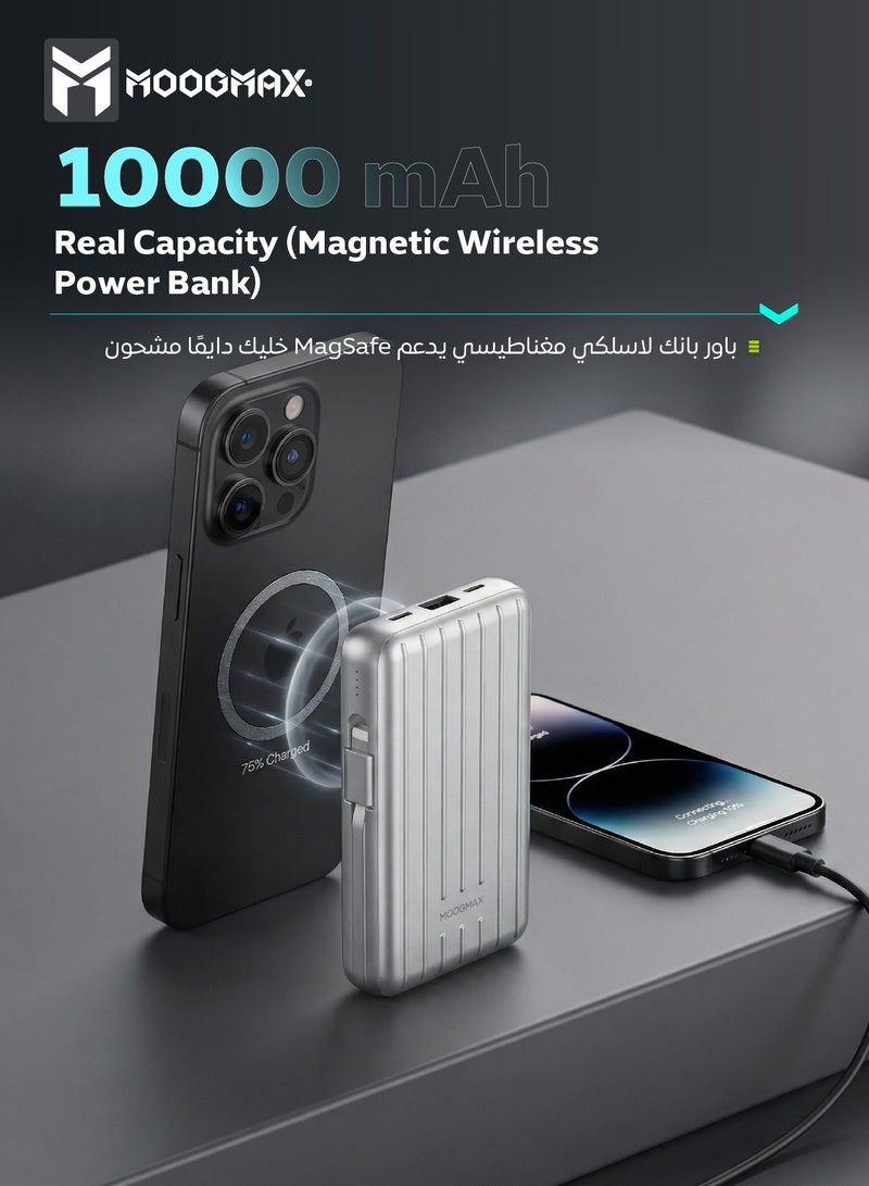 موجماكس باور بنك بسعة 10000 مللي أمبير. باور بانك صغير لاسلكي مغناطيسي (ماج سيف). شاحن متنقل صغير بثلاث منافذ (يو اس بي& تايب سيPD& لايتنينج ايفون). بطاريه متنقله باسلاك شحن قماشية مدمجة (تايب سي& لايتنينج ايفون). بور بنك بقوة شحن 15واط لشحن اللاسلكي و22.5 واط لمنافذ الشحن والكيابل. فضي - Image 2